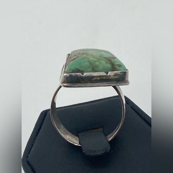 Vtg Navajo Sterling Green Turquoise Rustic Abstract Setting Ring Sz 8.25 - 8.5 - Picture 8 of 12